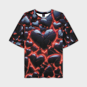 Мужская футболка oversize 3D с принтом Разбитые сердца и красный неон в Белгороде,  |  | 