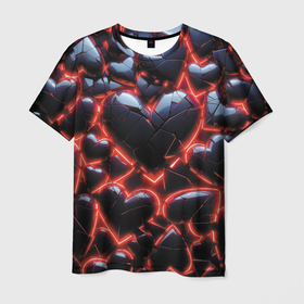 Мужская футболка 3D с принтом Разбитые сердца и красный неон в Кировске, 100% полиэфир | прямой крой, круглый вырез горловины, длина до линии бедер | Тематика изображения на принте: 