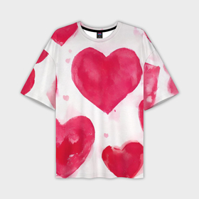 Мужская футболка oversize 3D с принтом Акварельные красные сердечки ,  |  | 
