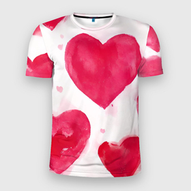 Мужская футболка 3D Slim с принтом Акварельные красные сердечки в Екатеринбурге, 100% полиэстер с улучшенными характеристиками | приталенный силуэт, круглая горловина, широкие плечи, сужается к линии бедра | 