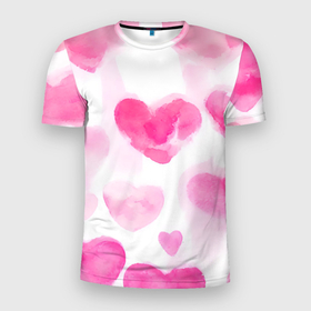 Мужская футболка 3D Slim с принтом Акварельные розовые сердечки в Новосибирске, 100% полиэстер с улучшенными характеристиками | приталенный силуэт, круглая горловина, широкие плечи, сужается к линии бедра | 