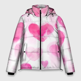 Мужская зимняя куртка 3D с принтом Акварельные розовые сердечки в Екатеринбурге, верх — 100% полиэстер; подкладка — 100% полиэстер; утеплитель — 100% полиэстер | длина ниже бедра, свободный силуэт Оверсайз. Есть воротник-стойка, отстегивающийся капюшон и ветрозащитная планка. 

Боковые карманы с листочкой на кнопках и внутренний карман на молнии. | 
