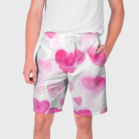 Мужские шорты 3D с принтом Акварельные розовые сердечки в Новосибирске,  полиэстер 100% | прямой крой, два кармана без застежек по бокам. Мягкая трикотажная резинка на поясе, внутри которой широкие завязки. Длина чуть выше колен | 