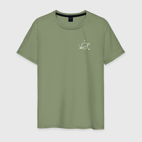Мужская футболка хлопок с принтом Сатурн минимализм в Екатеринбурге, 100% хлопок | прямой крой, круглый вырез горловины, длина до линии бедер, слегка спущенное плечо. | Тематика изображения на принте: 