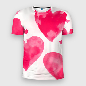 Мужская футболка 3D Slim с принтом Красные сердечки акварель в Екатеринбурге, 100% полиэстер с улучшенными характеристиками | приталенный силуэт, круглая горловина, широкие плечи, сужается к линии бедра | 