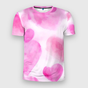 Мужская футболка 3D Slim с принтом Розовые сердечки акварель в Екатеринбурге, 100% полиэстер с улучшенными характеристиками | приталенный силуэт, круглая горловина, широкие плечи, сужается к линии бедра | 