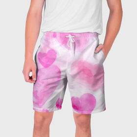 Мужские шорты 3D с принтом Розовые сердечки акварель в Новосибирске,  полиэстер 100% | прямой крой, два кармана без застежек по бокам. Мягкая трикотажная резинка на поясе, внутри которой широкие завязки. Длина чуть выше колен | 