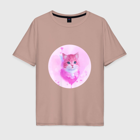 Мужская футболка хлопок Oversize с принтом Кошка с розовым сердечком в Петрозаводске, 100% хлопок | свободный крой, круглый ворот, “спинка” длиннее передней части | Тематика изображения на принте: 