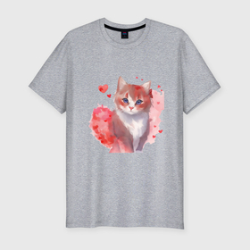 Мужская футболка хлопок Slim с принтом Кошка в красных сердечках в Белгороде, 92% хлопок, 8% лайкра | приталенный силуэт, круглый вырез ворота, длина до линии бедра, короткий рукав | 