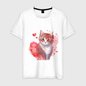 Мужская футболка хлопок с принтом Кошка в красных сердечках в Екатеринбурге, 100% хлопок | прямой крой, круглый вырез горловины, длина до линии бедер, слегка спущенное плечо. | 