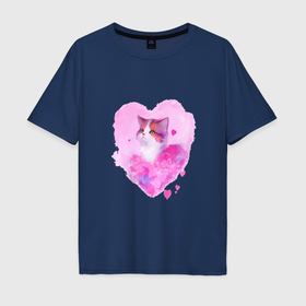 Мужская футболка хлопок Oversize с принтом Кошка в розовых сердечках в Петрозаводске, 100% хлопок | свободный крой, круглый ворот, “спинка” длиннее передней части | Тематика изображения на принте: 