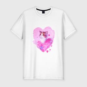 Мужская футболка хлопок Slim с принтом Кошка в розовых сердечках в Белгороде, 92% хлопок, 8% лайкра | приталенный силуэт, круглый вырез ворота, длина до линии бедра, короткий рукав | 