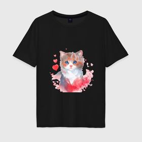 Мужская футболка хлопок Oversize с принтом Милая кошка с красными сердечками в Санкт-Петербурге, 100% хлопок | свободный крой, круглый ворот, “спинка” длиннее передней части | 