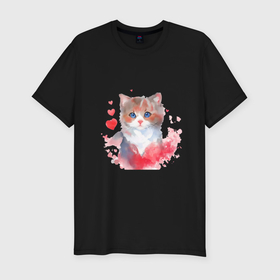 Мужская футболка хлопок Slim с принтом Милая кошка с красными сердечками в Белгороде, 92% хлопок, 8% лайкра | приталенный силуэт, круглый вырез ворота, длина до линии бедра, короткий рукав | 
