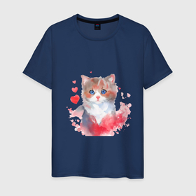 Мужская футболка хлопок с принтом Милая кошка с красными сердечками в Санкт-Петербурге, 100% хлопок | прямой крой, круглый вырез горловины, длина до линии бедер, слегка спущенное плечо. | 