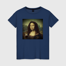 Женская футболка хлопок с принтом Уставшая Мона Лиза , 100% хлопок | прямой крой, круглый вырез горловины, длина до линии бедер, слегка спущенное плечо | 
