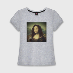 Женская футболка хлопок Slim с принтом Уставшая Мона Лиза в Новосибирске,  |  | 