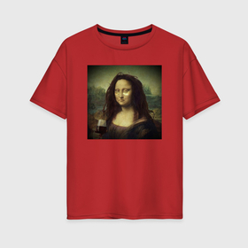 Женская футболка хлопок Oversize с принтом Уставшая Мона Лиза , 100% хлопок | свободный крой, круглый ворот, спущенный рукав, длина до линии бедер
 | Тематика изображения на принте: 