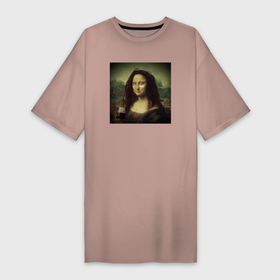 Платье-футболка хлопок с принтом Уставшая Мона Лиза ,  |  | Тематика изображения на принте: 