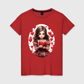 Женская футболка хлопок с принтом Девочка валентинка в красном в Кировске, 100% хлопок | прямой крой, круглый вырез горловины, длина до линии бедер, слегка спущенное плечо | 