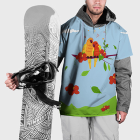 Накидка на куртку 3D с принтом Пара влюбленных попугаев на ветке с гибискусами в Курске, 100% полиэстер |  | 