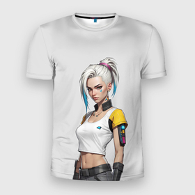 Мужская футболка 3D Slim с принтом Девушка в белом топе Cyberpunk 2077 в Курске, 100% полиэстер с улучшенными характеристиками | приталенный силуэт, круглая горловина, широкие плечи, сужается к линии бедра | 