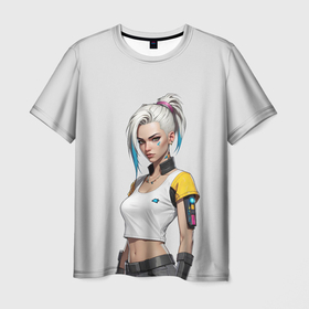 Мужская футболка 3D с принтом Девушка в белом топе Cyberpunk 2077 , 100% полиэфир | прямой крой, круглый вырез горловины, длина до линии бедер | 