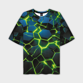 Мужская футболка oversize 3D с принтом Разлом зеленых неоновых плит в Кировске,  |  | Тематика изображения на принте: 