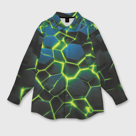Мужская рубашка oversize 3D с принтом Разлом зеленых неоновых плит в Кировске,  |  | Тематика изображения на принте: 