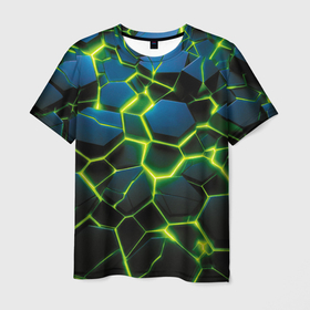 Мужская футболка 3D с принтом Разлом зеленых неоновых плит в Петрозаводске, 100% полиэфир | прямой крой, круглый вырез горловины, длина до линии бедер | 