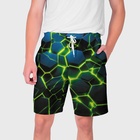 Мужские шорты 3D с принтом Разлом зеленых неоновых плит в Екатеринбурге,  полиэстер 100% | прямой крой, два кармана без застежек по бокам. Мягкая трикотажная резинка на поясе, внутри которой широкие завязки. Длина чуть выше колен | 