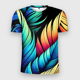 Мужская футболка 3D Slim с принтом Color feathers   neon в Тюмени, 100% полиэстер с улучшенными характеристиками | приталенный силуэт, круглая горловина, широкие плечи, сужается к линии бедра | Тематика изображения на принте: 
