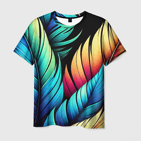 Мужская футболка 3D с принтом Color feathers   neon в Екатеринбурге, 100% полиэфир | прямой крой, круглый вырез горловины, длина до линии бедер | Тематика изображения на принте: 