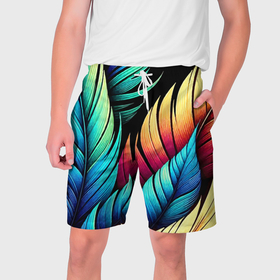 Мужские шорты 3D с принтом Color feathers   neon в Санкт-Петербурге,  полиэстер 100% | прямой крой, два кармана без застежек по бокам. Мягкая трикотажная резинка на поясе, внутри которой широкие завязки. Длина чуть выше колен | 
