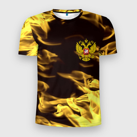 Мужская футболка 3D Slim с принтом Имперская Россия желтый огонь в Санкт-Петербурге, 100% полиэстер с улучшенными характеристиками | приталенный силуэт, круглая горловина, широкие плечи, сужается к линии бедра | 