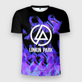 Мужская футболка 3D Slim с принтом Linkin park neon flame rock в Кировске, 100% полиэстер с улучшенными характеристиками | приталенный силуэт, круглая горловина, широкие плечи, сужается к линии бедра | 