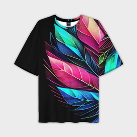 Мужская футболка oversize 3D с принтом Букет из цветных перьев   неон ,  |  | 