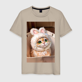 Мужская футболка хлопок с принтом Милый котенок в шапке и в коробке в Тюмени, 100% хлопок | прямой крой, круглый вырез горловины, длина до линии бедер, слегка спущенное плечо. | 