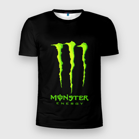 Мужская футболка 3D Slim с принтом Monster energy green logo в Белгороде, 100% полиэстер с улучшенными характеристиками | приталенный силуэт, круглая горловина, широкие плечи, сужается к линии бедра | Тематика изображения на принте: 