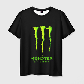 Мужская футболка 3D с принтом Monster energy green logo в Петрозаводске, 100% полиэфир | прямой крой, круглый вырез горловины, длина до линии бедер | 