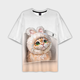 Мужская футболка oversize 3D с принтом Милый кот мем в шапке с ушками   бежевый градиент в Новосибирске,  |  | Тематика изображения на принте: 