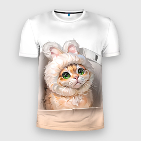Мужская футболка 3D Slim с принтом Милый кот мем в шапке с ушками   бежевый градиент в Новосибирске, 100% полиэстер с улучшенными характеристиками | приталенный силуэт, круглая горловина, широкие плечи, сужается к линии бедра | Тематика изображения на принте: 
