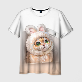 Мужская футболка 3D с принтом Милый кот мем в шапке с ушками   бежевый градиент в Тюмени, 100% полиэфир | прямой крой, круглый вырез горловины, длина до линии бедер | 