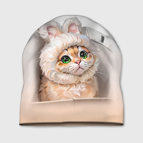Шапка 3D с принтом Милый кот мем в шапке с ушками   бежевый градиент в Екатеринбурге, 100% полиэстер | универсальный размер, печать по всей поверхности изделия | 