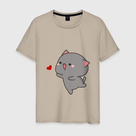Мужская футболка хлопок с принтом Влюблённый котик парная в Тюмени, 100% хлопок | прямой крой, круглый вырез горловины, длина до линии бедер, слегка спущенное плечо. | 