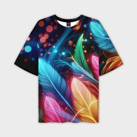 Мужская футболка oversize 3D с принтом Яркие красочные неоновые перья в Белгороде,  |  | Тематика изображения на принте: 