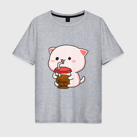 Мужская футболка хлопок Oversize с принтом Котик пьёт кофе , 100% хлопок | свободный крой, круглый ворот, “спинка” длиннее передней части | 