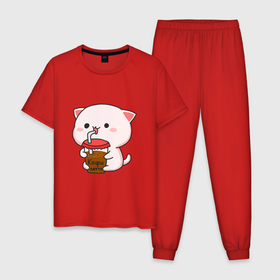 Мужская пижама хлопок с принтом Котик пьёт кофе , 100% хлопок | брюки и футболка прямого кроя, без карманов, на брюках мягкая резинка на поясе и по низу штанин
 | Тематика изображения на принте: 