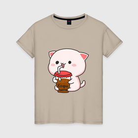 Женская футболка хлопок с принтом Котик пьёт кофе , 100% хлопок | прямой крой, круглый вырез горловины, длина до линии бедер, слегка спущенное плечо | 