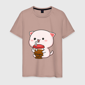 Мужская футболка хлопок с принтом Котик пьёт кофе в Белгороде, 100% хлопок | прямой крой, круглый вырез горловины, длина до линии бедер, слегка спущенное плечо. | 
